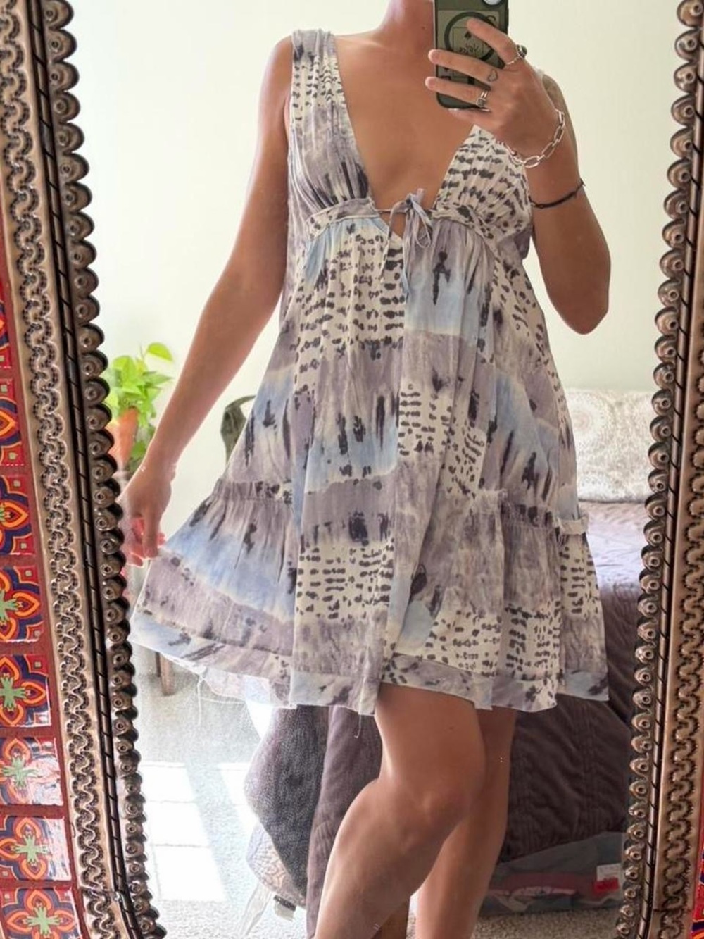 Boho Tie-Front Tiered Mini Dress in Soft Blue & Gray